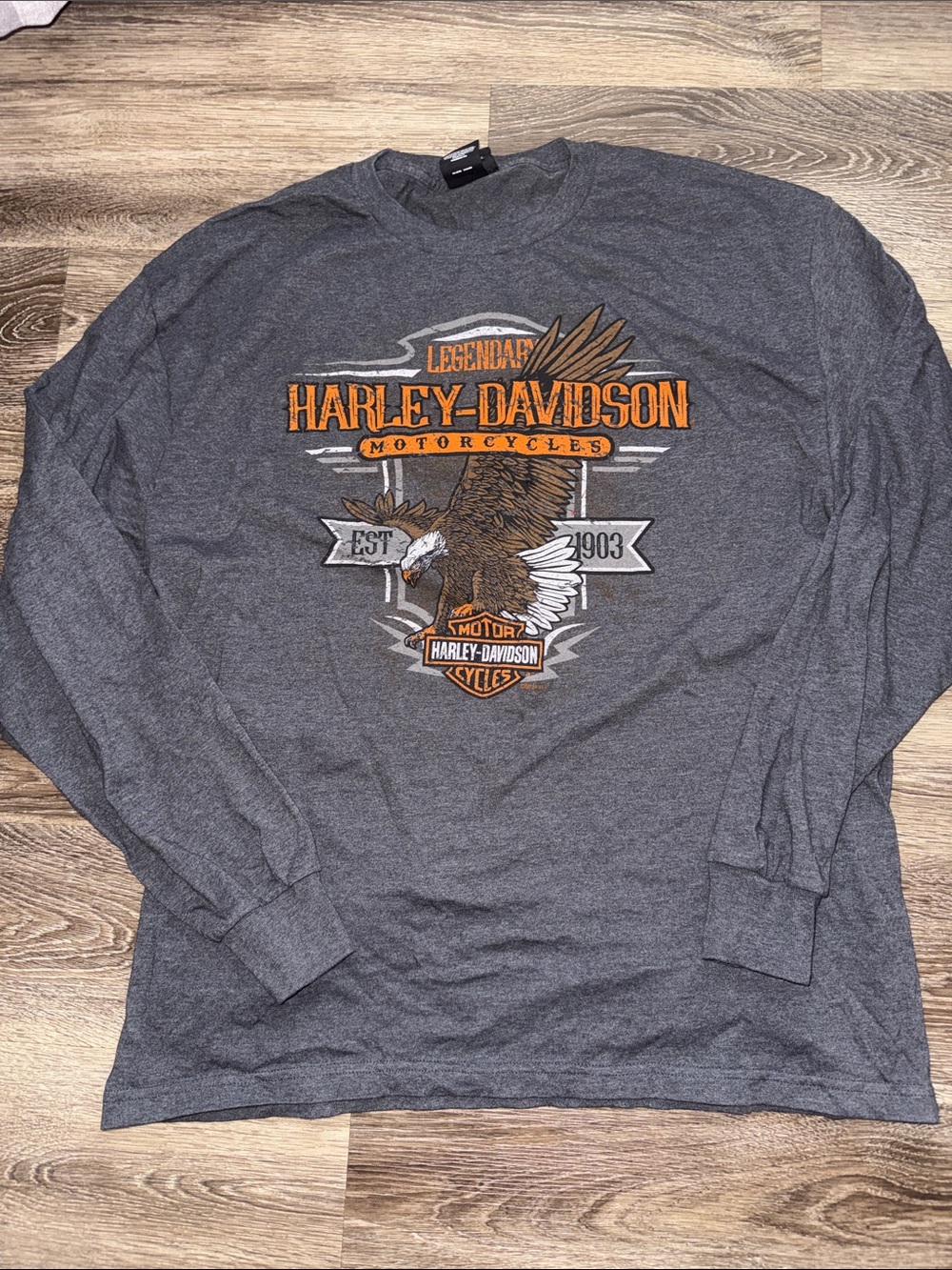 Harley-Davidson Gray Long Sleeve Tee with Orange & White Eagle Graphic